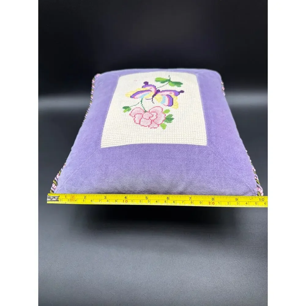 Vintage Needlepoint Pillow Lavender Floral Accent Throw Pillow Handmade 12
